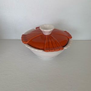 Vintage Calif. Pottery Orange/White Covered Bowl